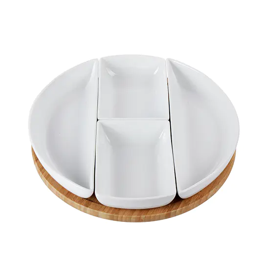 Porcelain Serving Set with Bamboo Tray